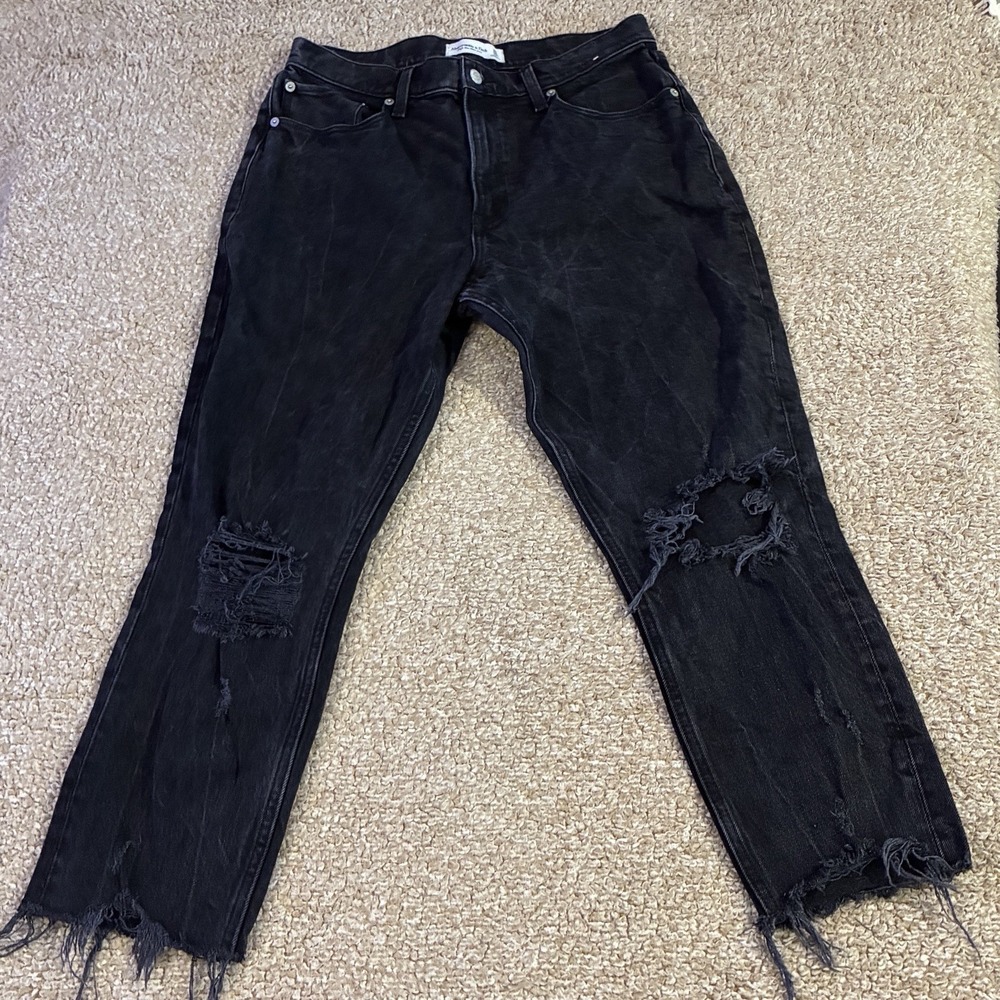 Abercrombie Womens Mom Jeans 10S 30 Black High Rise Distressed Raw Hem Denim